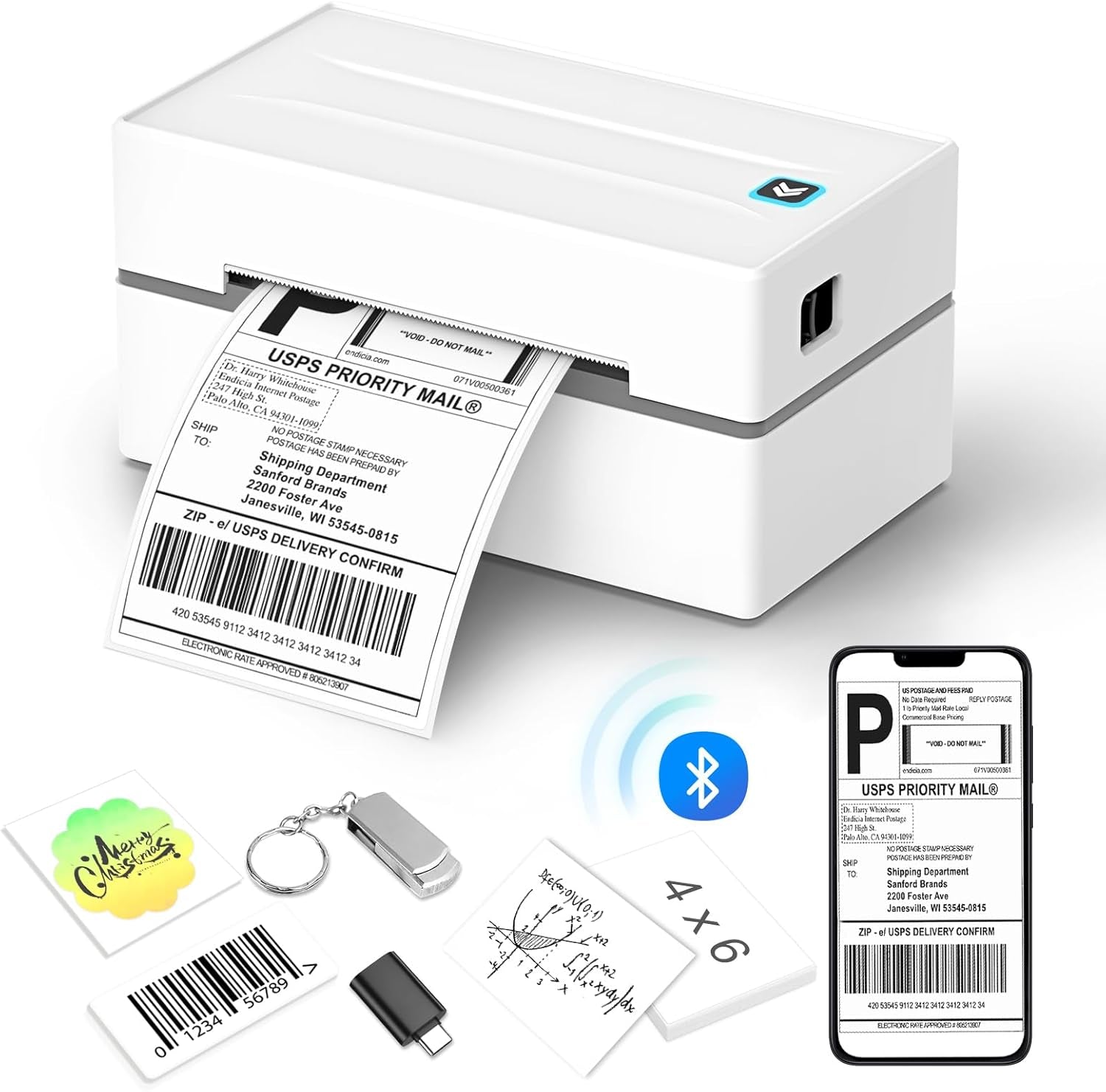 Bluetooth Thermal Shipping Label Printer, Wireless 4X6 Shipping Label Sticker Printer for Small Business and Office, Compatible with Android&Ios Windows, Used for Amazon, Shopify, Etsy USPS