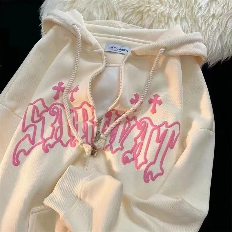 Goth Embroidery Hoodies Women High Street Harajuku Retro Hip Hop Zip Up Hoodie|| Y2K Hoodie‼️⚔️||