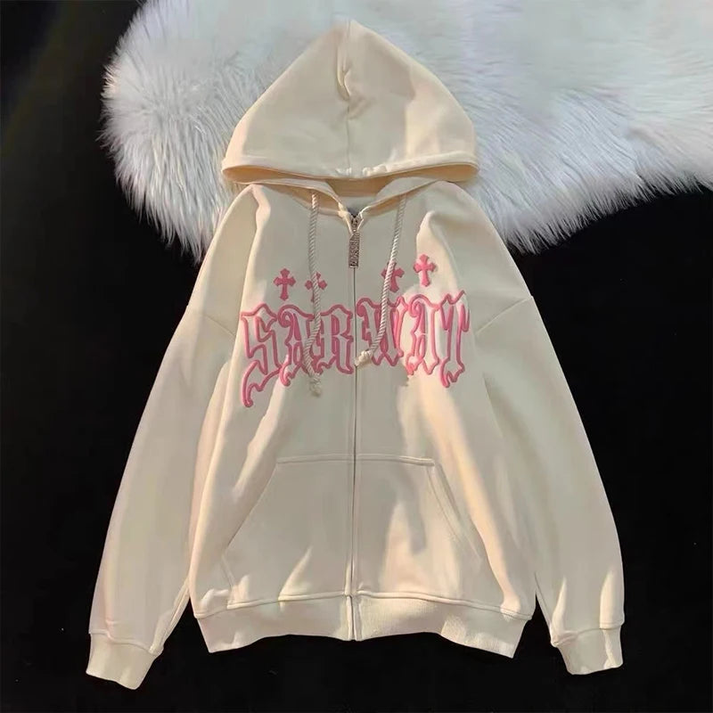 Goth Embroidery Hoodies Women High Street Harajuku Retro Hip Hop Zip Up Hoodie|| Y2K Hoodie‼️⚔️||