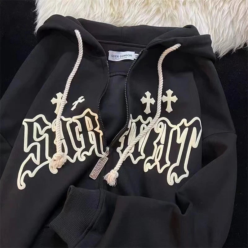 Goth Embroidery Hoodies Women High Street Harajuku Retro Hip Hop Zip Up Hoodie|| Y2K Hoodie‼️⚔️||