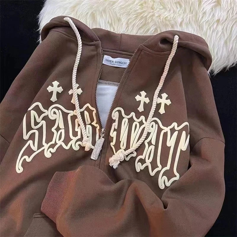 Goth Embroidery Hoodies Women High Street Harajuku Retro Hip Hop Zip Up Hoodie|| Y2K Hoodie‼️⚔️||