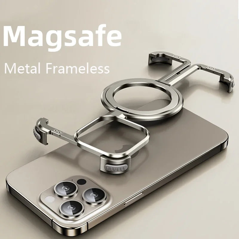 Luxury Metal Frameless Magsafe||Magnetic Stand Phone Case for iPhone 14 13 12 15 Pro Max 15Plus Aluminum Alloy Shockproof Cover