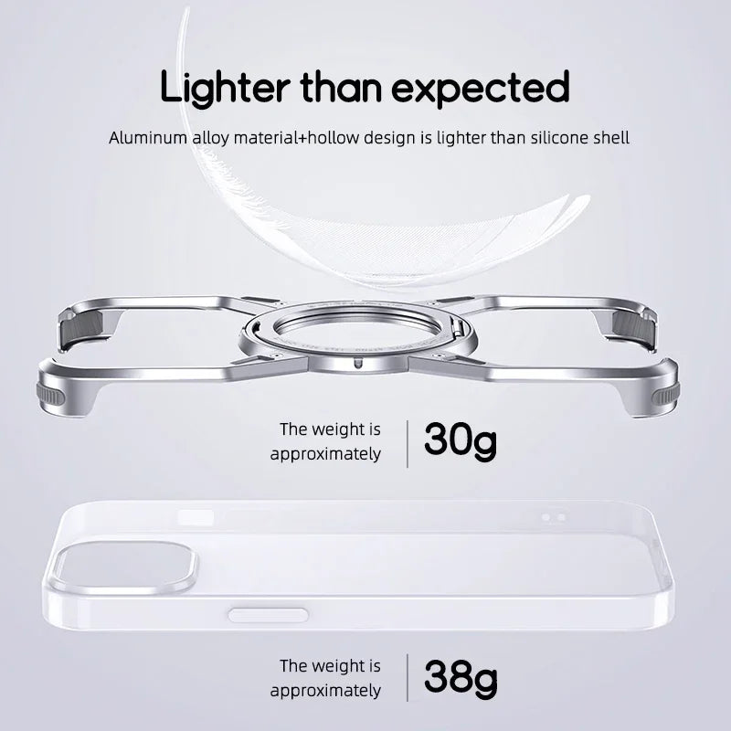 Magnetic Aluminium Alloy 360° Stand Metal Frameless Phone Case For iPhone 16 14 15 Pro Max Rimless Bumper Metal Shockproof Cover