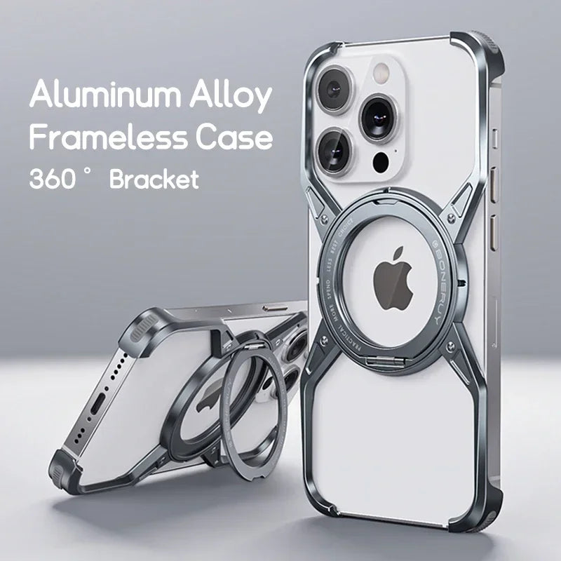 Magnetic Aluminium Alloy 360° Stand Metal Frameless Phone Case For iPhone 16 14 15 Pro Max Rimless Bumper Metal Shockproof Cover