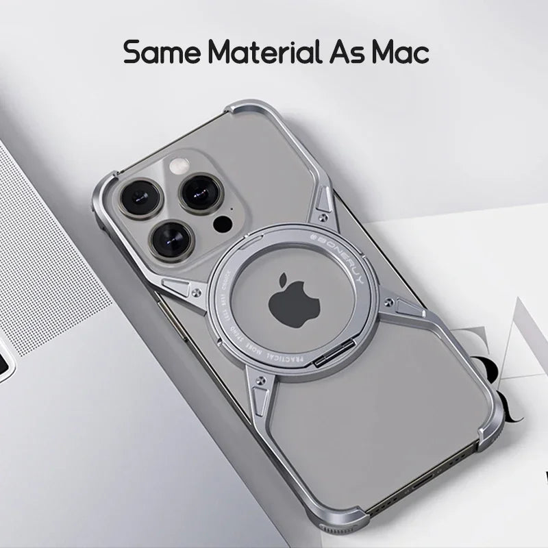 Magnetic Aluminium Alloy 360° Stand Metal Frameless Phone Case For iPhone 16 14 15 Pro Max Rimless Bumper Metal Shockproof Cover