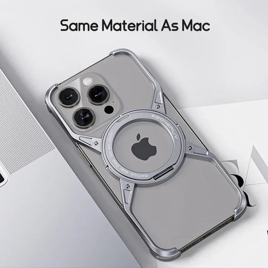 Magnetic Aluminium Alloy 360° Stand Metal Frameless Phone Case For iPhone 16 14 15 Pro Max Rimless Bumper Metal Shockproof Cover