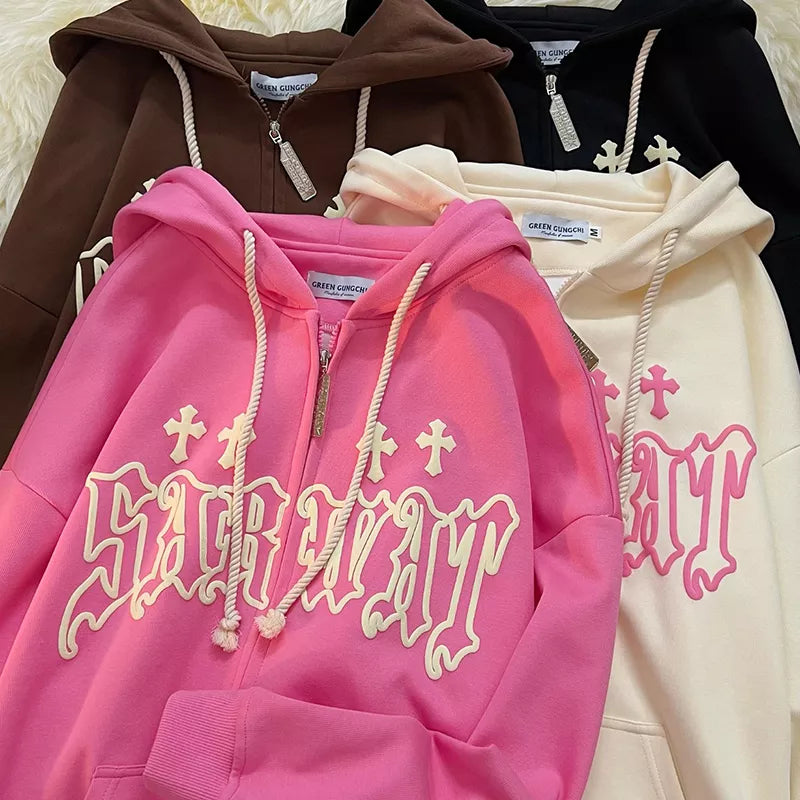 Goth Embroidery Hoodies Women High Street Harajuku Retro Hip Hop Zip Up Hoodie|| Y2K Hoodie‼️⚔️||