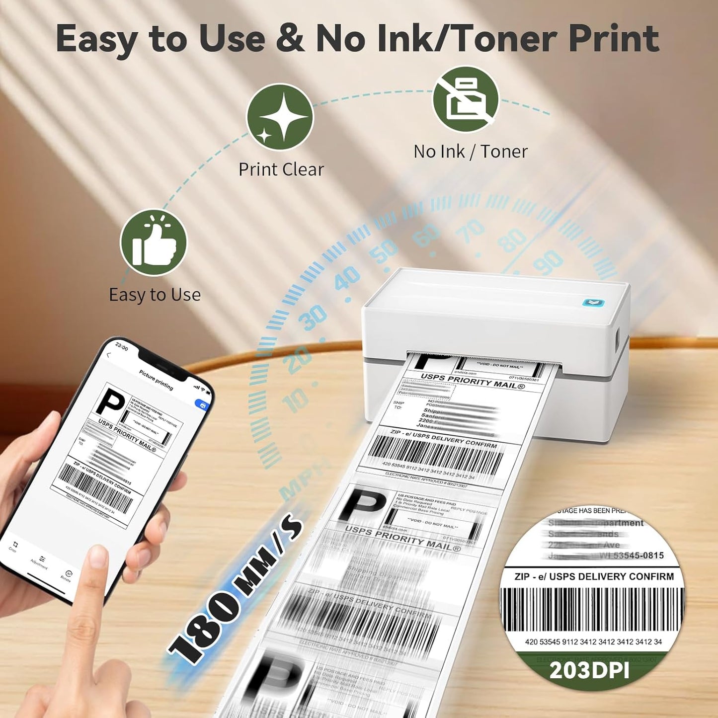 Bluetooth Thermal Shipping Label Printer, Wireless 4X6 Shipping Label Sticker Printer for Small Business and Office, Compatible with Android&Ios Windows, Used for Amazon, Shopify, Etsy USPS